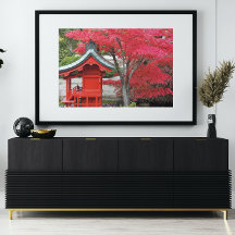 Blätter von Red Japanese Maple und Garden Shrine