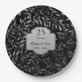 Blätter von Silber auf Schwarz 25. Jahrestag Pappteller