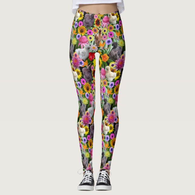 Blätter von Silkie Bantam Chickens Tropische Blume Leggings (Vorderseite)