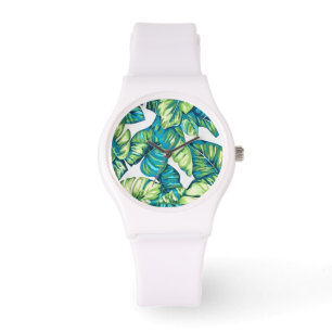Blätter von Tropical Monstera und Banana Blue Gree Armbanduhr