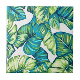 Blätter von Tropical Monstera und Banana Blue Gree Fliese