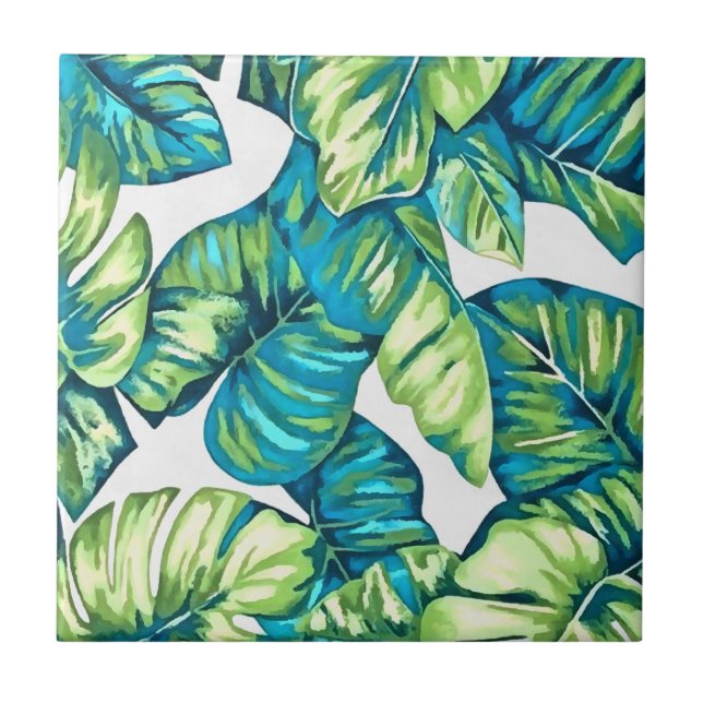 Blätter von Tropical Monstera und Banana Blue Gree Fliese (Vorderseite)