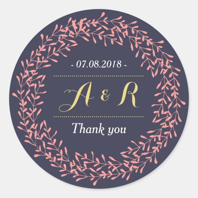Blätter Wreath Monogram Wedding Dankeschön Sticker (Vorderseite)