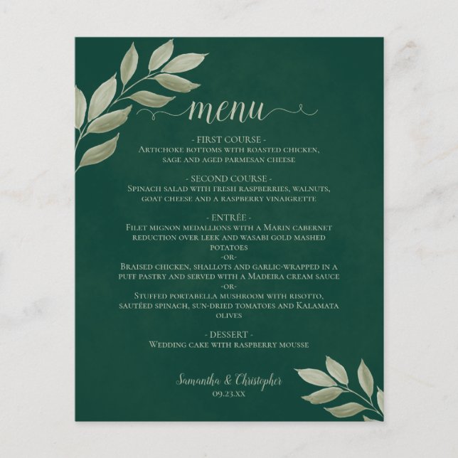 Blätter zum Emerald Budget Wedding Menu (Vorderseite)