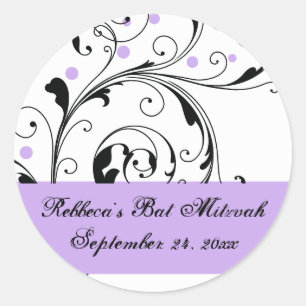 Blätterblatt schwarz, weiß, lila Bat Mitzvah Runder Aufkleber