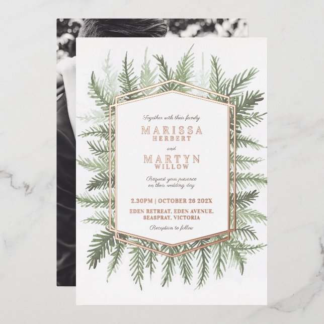 Blattimmergrüne Piniennadeln Folieneinladung (Vorderseite/Rückseite)