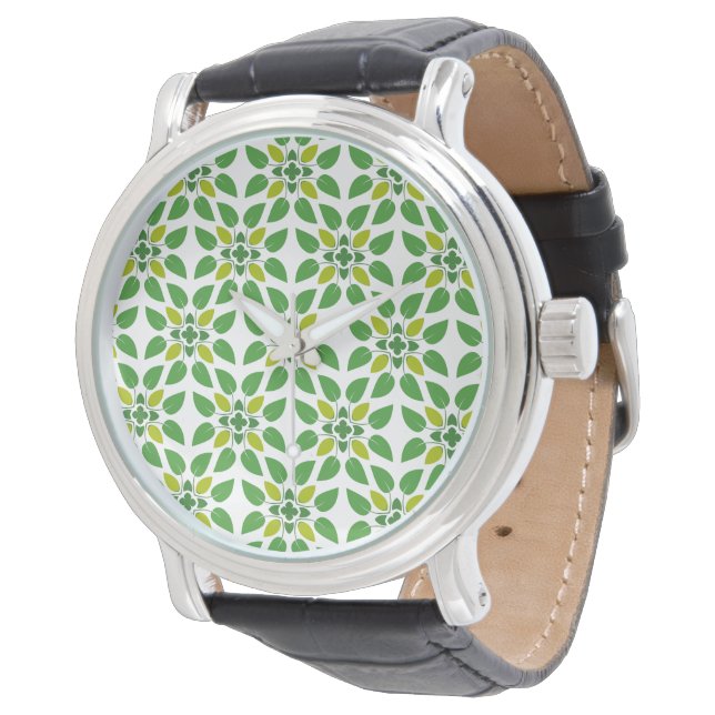 Blattmuster, Muster von Blätter, grüne Blätter Armbanduhr (Schrägansicht)