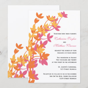 Blattreiche Eleganz in Pink Orange Gelb Hochzeit Einladung