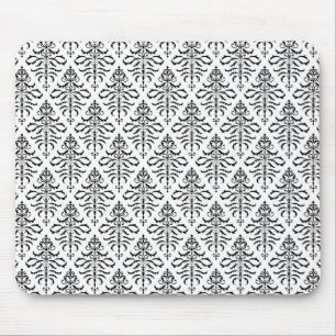 Blattreiches Damast-Wiederholungsmuster - Schwarz Mousepad