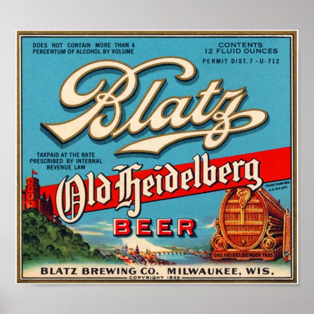 Blatz Altes Heidelberg Vintages Bieretikett Poster (Vorne)