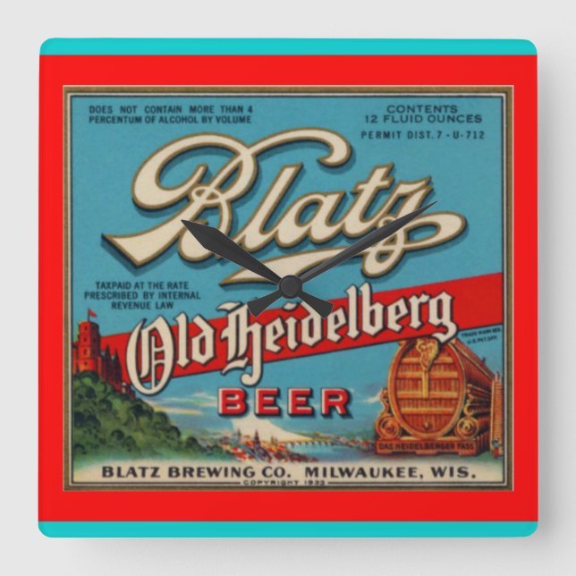 Blatz Old Heidelberg Beer Wall Clock Quadratische Wanduhr (Vorderseite)