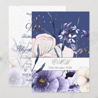 Blau 90. Geburtstag floral Silver Eleganter Chic Einladung
