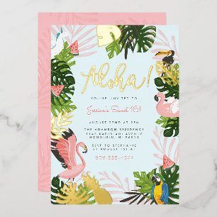 Blau Aloha Hawaii Tropical Gold Geburtstagsfeier Folieneinladung