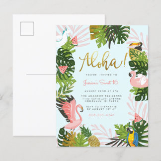 Blau | Aloha Hawaii Tropical Gold Geburtstagsparte Einladungspostkarte