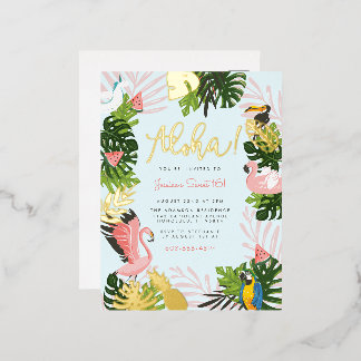 Blau | Aloha Hawaii Tropical Gold Geburtstagsparte Folie Einladungspostkarte