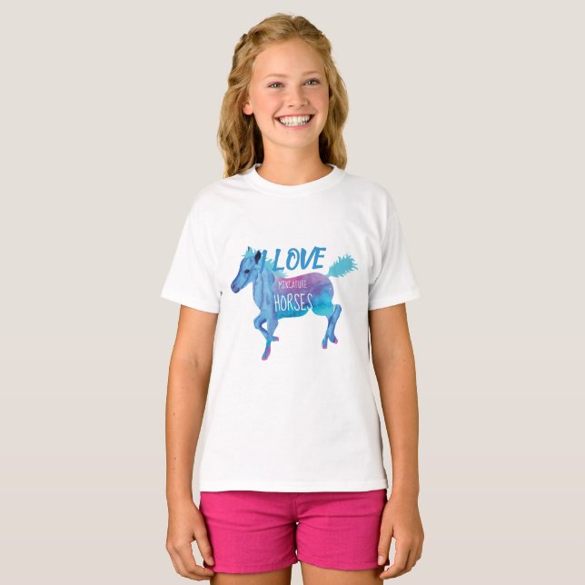 Blau, Aqua, Rosa Galopp Miniaturpferd T-Shirt (Vorne ganz)