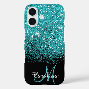 Blau, Aquamarin, Glitzer, Name und Monogramm, Mädc iPhone 16 Hülle