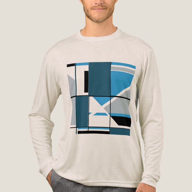 Blau Aquamarin-Grau Schwarz MCM Geometrisches Abst Tri-Blend Shirt (Vorderseite)