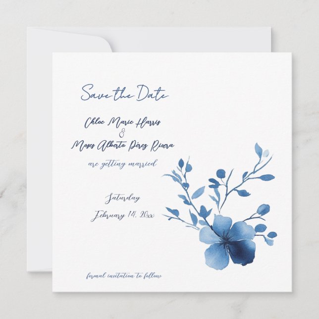 Blau auf Blau, Blume Blossom Save the Date Karte (Vorderseite)