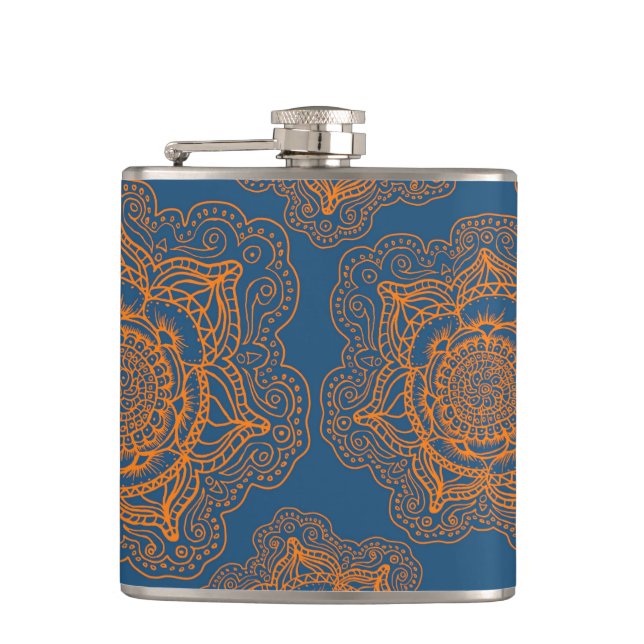 Blau auf orange Mandala Flachmann (Vorderseite)