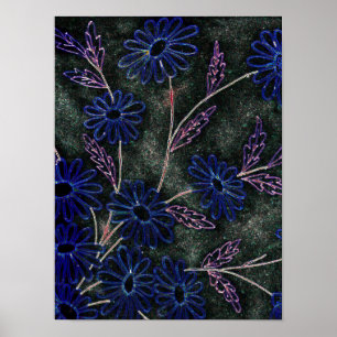 blau auf schwarzem Blumendekor Poster