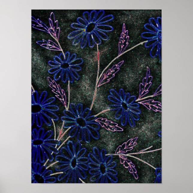 blau auf schwarzem Blumendekor Poster (Vorne)