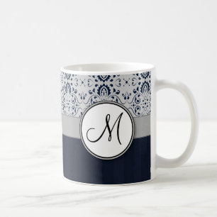 Blau auf silbernen Marine-Streifen und Monogramm Tasse