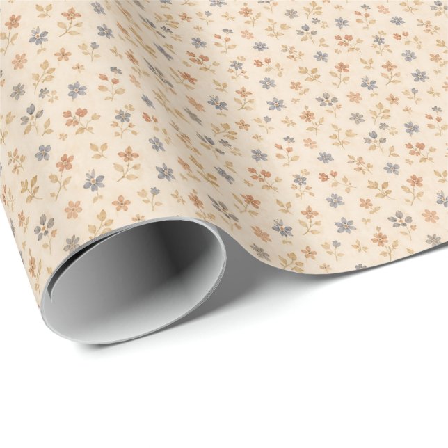 Blau Beige Blumen Vintage  Geschenkpapier (Rolleneckpunkt)