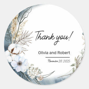 Blau Beige Boho Blumen Danke  Runder Aufkleber