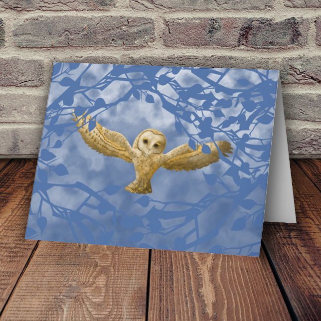 Blau, Beige Eule, einfache leere Grußkarte Karte (Blue forest leaves golden beige  owl in flight blank note card, wise barn owl outstretched wings)