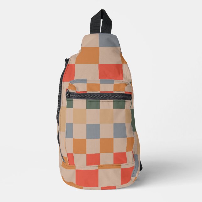 Blau Beige Orange Braun Kariert Gingham-Muster Crossbody Bag (Vorderseite)