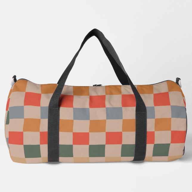 Blau Beige Orange Braun Kariert Gingham-Muster Duffle Bag (Vorderseite)