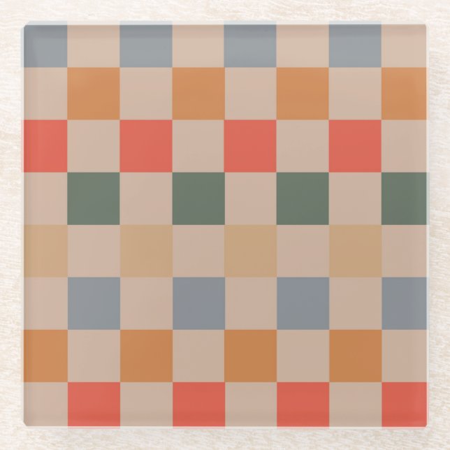 Blau Beige Orange Braun Kariert Gingham-Muster Glasuntersetzer (Vorderseite)
