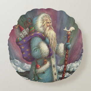 BLAU BELSNICKLE, NORDLICHTE UND PENGUINEN RUNDES KISSEN