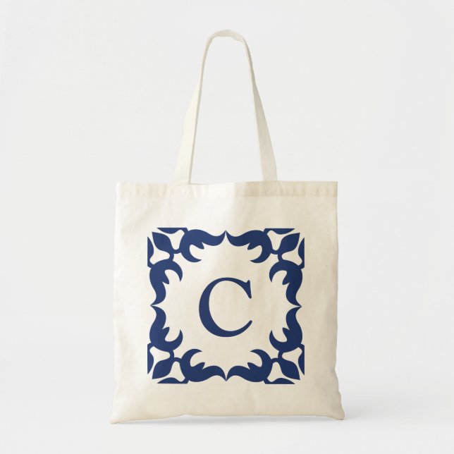 Blau-Blau-Scroll-Monogramm Tragetasche (Vorne)