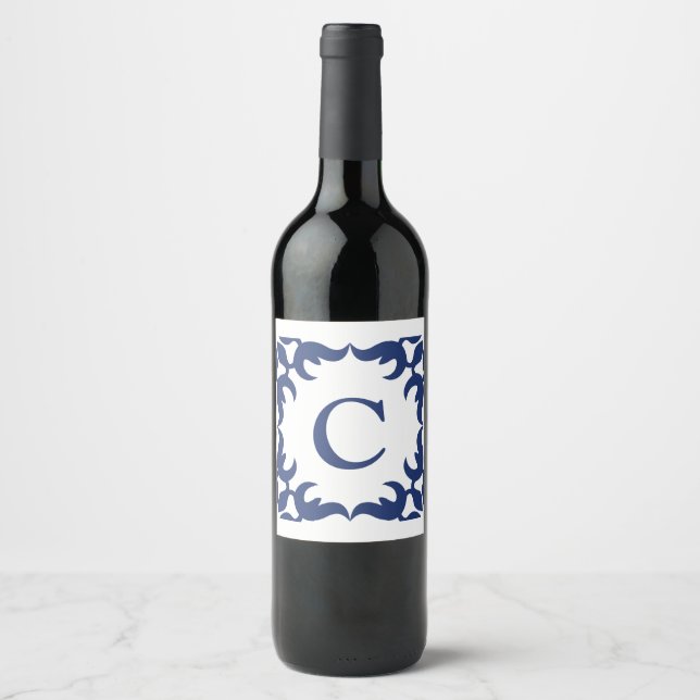 Blau-Blau-Scroll-Monogramm Weinetikett (Vorderseite)