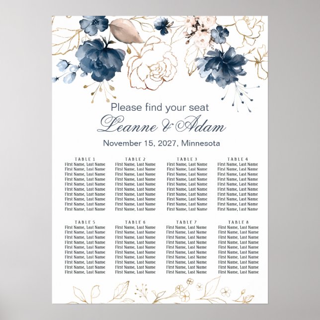 Blau-blaue Blumenmeere und goldene Hochzeit 8 Tisc Poster (Vorne)