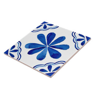 Blau-blaue Floral Tile Aquarell gestrichen Fliese