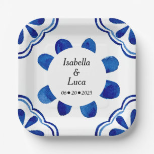 Blau-blaue Floral Tile Aquarell gestrichen Pappteller