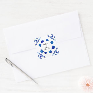 Blau-blaue Floral Tile Aquarell gestrichen Quadratischer Aufkleber