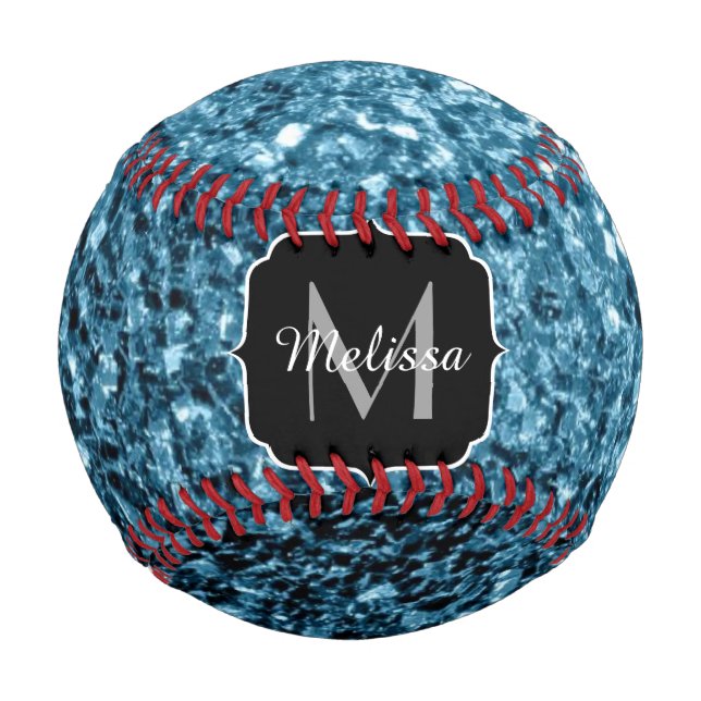 Blau-blaue Imitate Glitzer Funkeln Monogram-Name Baseball (Vorderseite)