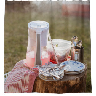 Blau-blaue Keramik Teller und Pitcher Duschvorhang