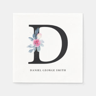 BLAU BLUE BLACK FLORAL ALPHABETS LETTER D SERVIETTE