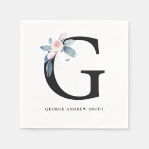 BLAU BLUE BLACK FLORAL ALPHABETS LETTER G SERVIETTE