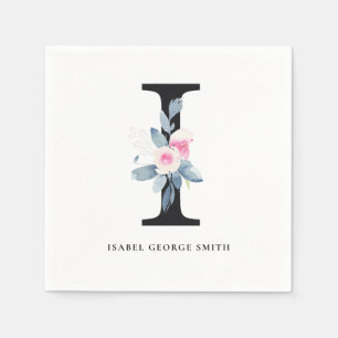 BLAU BLUE BLACK FLORAL ALPHABETS LETTER I SERVIETTE