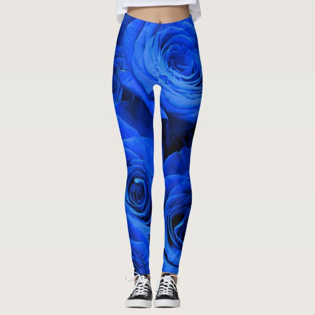 Blau blühende Blumen blauer Rose Leggings (Vorderseite)