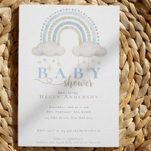 Blau Boho Aquarell Regenbogen Jungen Baby Shower Einladung