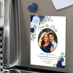 Blau Boho Blumen & Foto Hochzeit "Save the Date" Magneteinladung