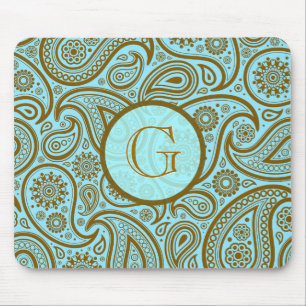 Blau & braun Paisley Retro Muster-Monogramm Mousepad