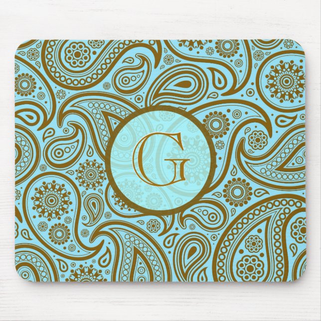 Blau & braun Paisley Retro Muster-Monogramm Mousepad (Vorne)